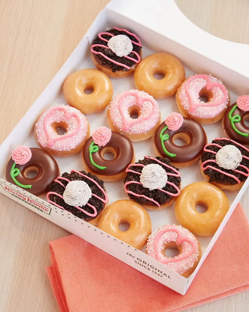 Mini Chocolate Iced Rose and Strawberry Iced Heart Doughnuts.