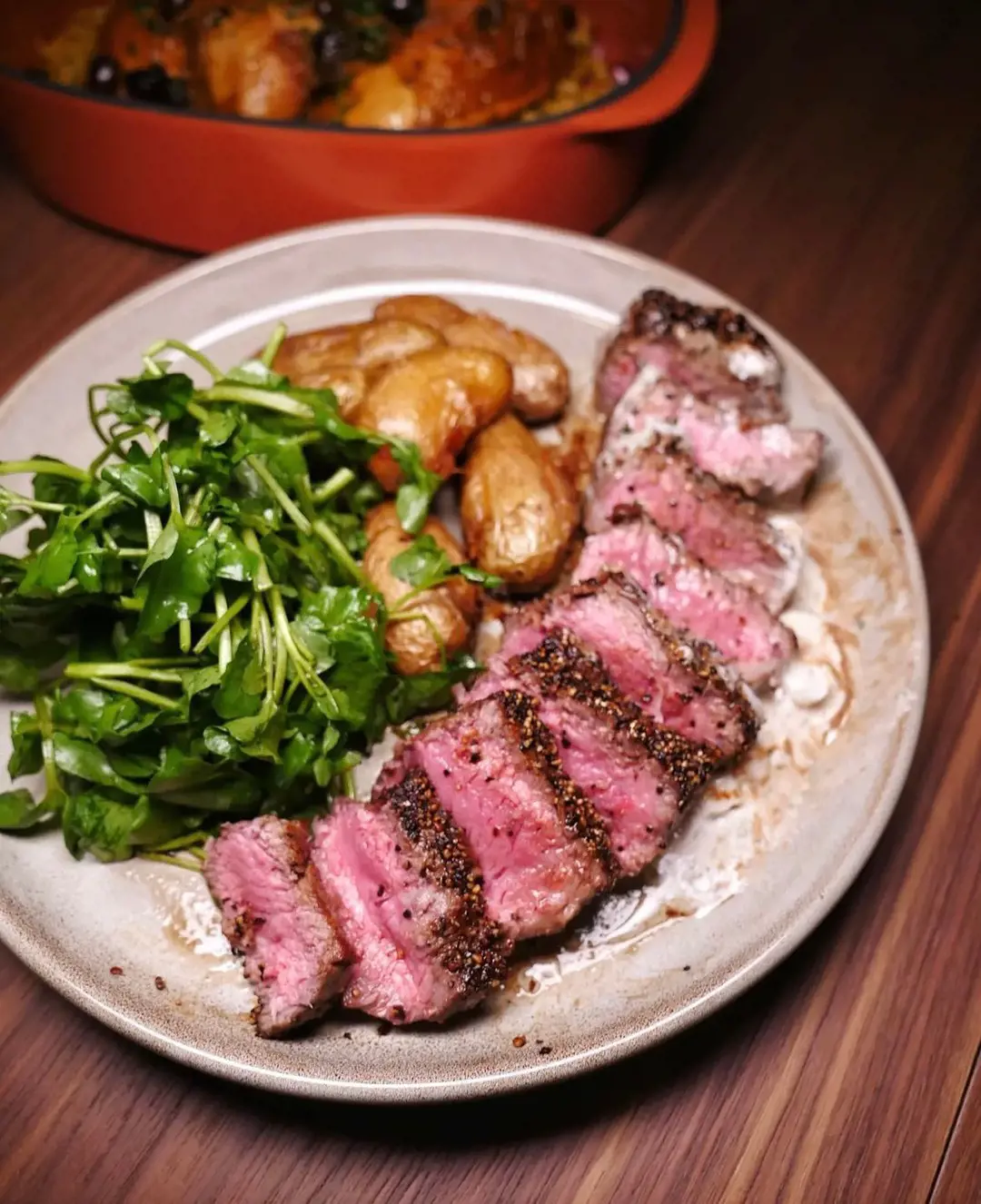 Black Angus Sirlion with Peppercorn crust, fingerling potatoes, watercress, and balsamico (photo by @omgitsbomb)