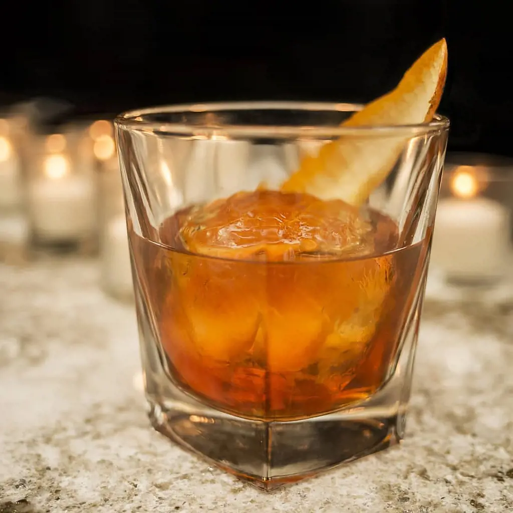 Glass of chilling ice ball cocktail at The Coupe